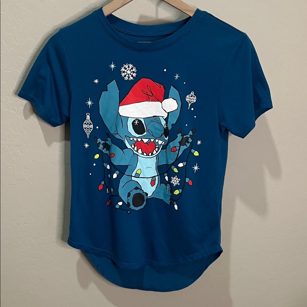 Disney Stitch Shirt Top Christmas Short Sleeve Blue Lights Holiday Parks